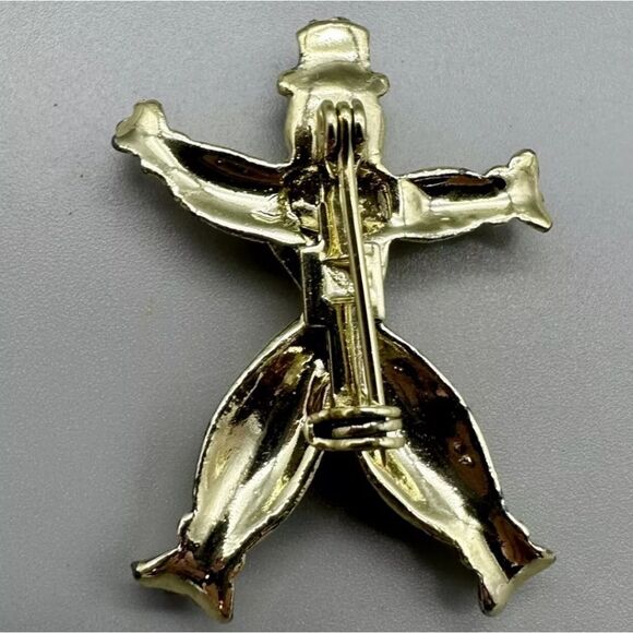 Vintage Gold Tone Pearl Rhinestone Green Enamel Clown Brooch Pin, 1.5" - Picture 4 of 4